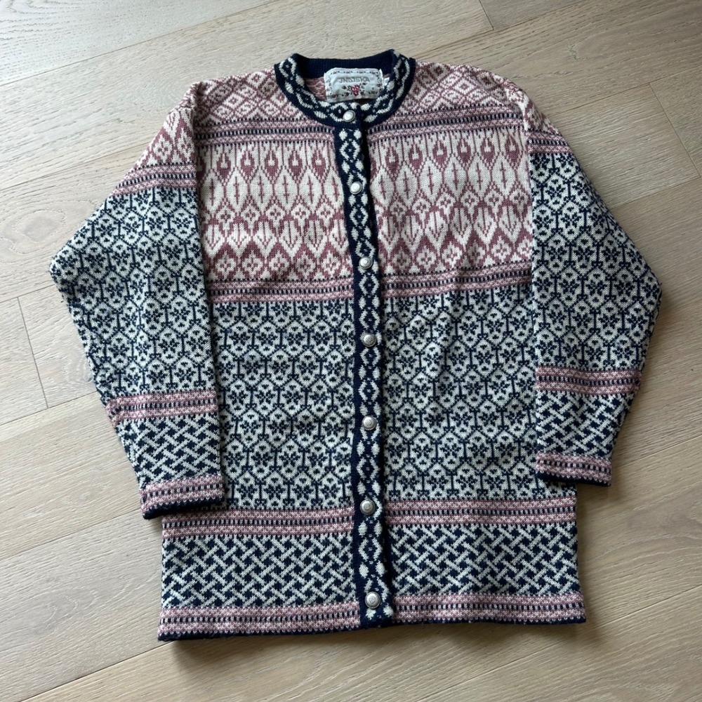 Indiska Nordic Fair Isle Longline Cardigan Navy Rose Silver Buttons Small